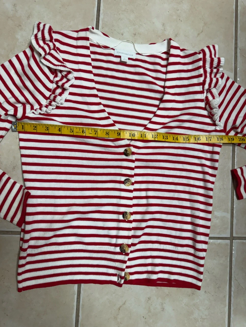 Charter Club Women’s Sail Away Red and White Striped Ruffle Shoulder Cardigan